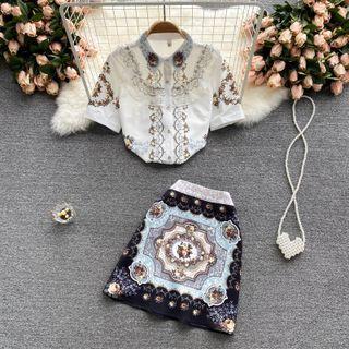 Set Of 2 : Short-sleeve Shirt + Print A-line Skirt
