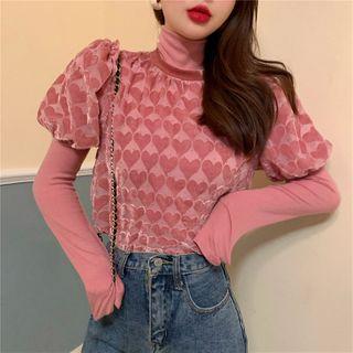 Turtleneck Long-sleeve Top / Heart Print Puff-sleeve Velvet Top