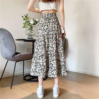 Floral Midi A-line Skirt Green & Blue & Red Printed - Black - One Size