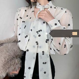 Tie-neck Floral Blouse / Mini Pencil Skirt