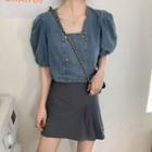 Double-breasted Puff-sleeve Denim Blouse