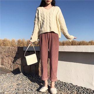Plain V-neck Loose-fit Long-sleeve Cable-knit Sweater / Plain High-waist Loose-fit Corduroy Pants