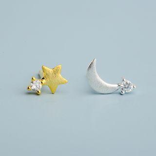 Mismatch Rhinestone Ear Stud 1 Pair - Yellow & Silver - One Size