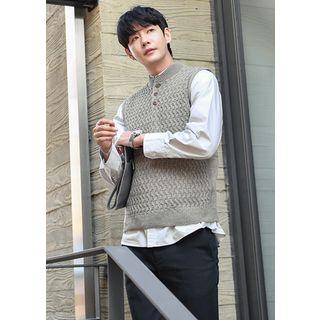 Buttoned-neckline Sleeveless Cable-knit Sweater