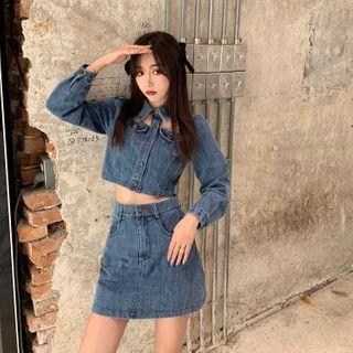 Long-sleeve Cropped Cutout Denim Shirt / Mini A-line Skirt