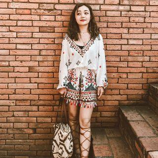 Balloon-sleeve Pattern Embroidered Playsuit