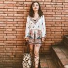 Balloon-sleeve Pattern Embroidered Playsuit