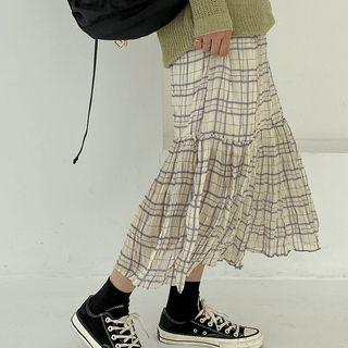 Ruffle-hem Plaid Skirt Beige - One Size