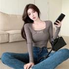Long-sleeve Rhinestone-embellished Fitted Top
