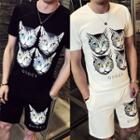 Set: Short-sleeve Cat Print T-shirt + Shorts