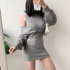 Set: V-neck Cropped Sweater + Mock-turtleneck Sleeveless Mini Knit Dress
