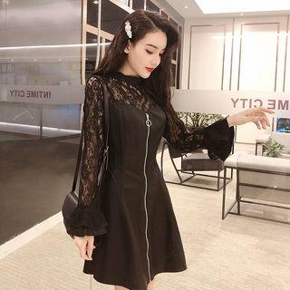 Bell-sleeve Lace Panel Faux Leather A-line Dress