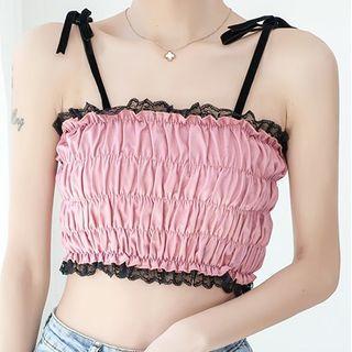 Tie-shoulder Frilled Trim Crop Top