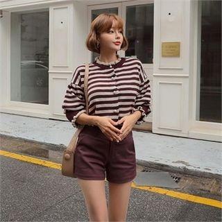 Drop-shoulder Frilled Striped Cardigan