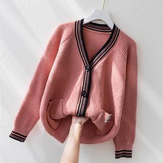 Long-sleeve V-neck Color Panel Knit Sweater Cardigan