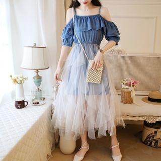 Cutout-sleeve Denim Ruffled Mesh Panel Midi Dress