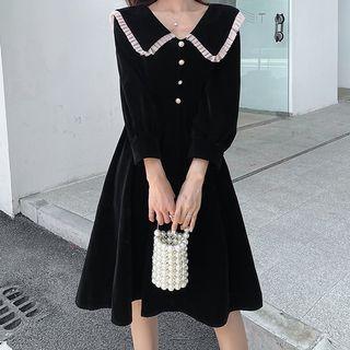 Long-sleeve Wide Collar Velvet Midi A-line Dress