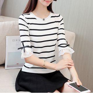Flared-sleeve Striped Knit Top