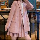 Set: Double-breasted Plaid Blazer + Pleated A-line Skirt