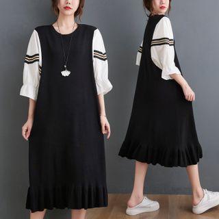 Puff-sleeve Knit Panel Midi Dress Black - One Size