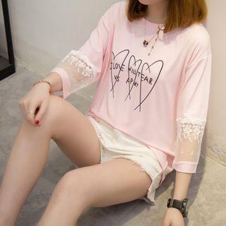 Elbow-sleeve Heart Print Panel T-shirt