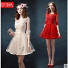 Floral Elbow-sleeve A-line Cocktail Dress Salmon Pink -