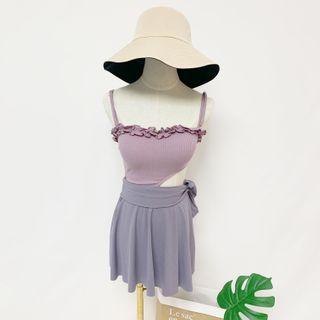 Ruffled Spaghetti-strap Cut-out Swim Dress