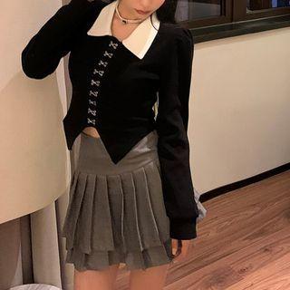 Long-sleeve Metal-accent Crop Top / Pleated Mini A-line Skirt