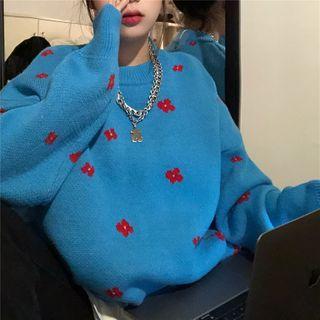 Floral Print Sweater Red Floral - Blue - One Size