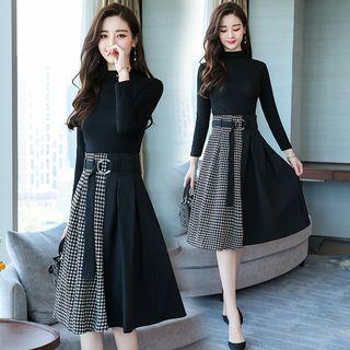 Set: Mock Neck Long Sleeve Top + Houndstooth Panel Pleated Skirt