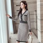 Long-sleeve Plaid Midi A-line Knit Dress