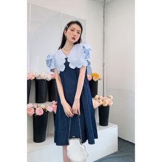 Short-sleeve Scalloped Trim Blouse / Denim Midi Overall Dress