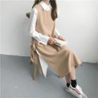 Long Knit Vest / Long-sleeve Midi Shirt Dress