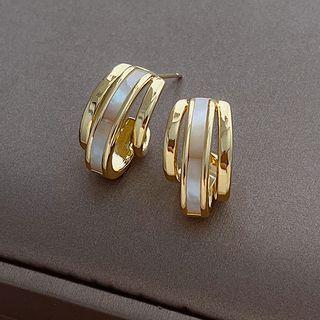 Shell Layered Alloy Open Hoop Earring 1 Pair - White & Gold - One Size
