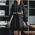 Contrast-trim Long-sleeve Knit A-line Dress