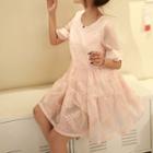 Short-sleeve Tulle Panel Embroidered Dress
