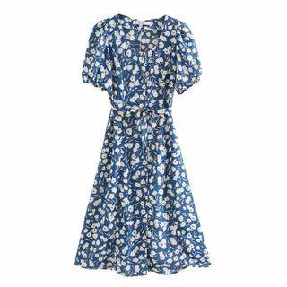 Floral Short-sleeve Button-up Midi A-line Dress