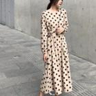 Long-sleeve Polka Dot Midi A-line Dress Dot - Khaki - One Size