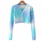 Long Sleeve Tie-dyed V-neck Crop Cardigan Blue - S