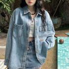 Pocket Detail Denim Shirt / Lace Up Mini Pencil Skort