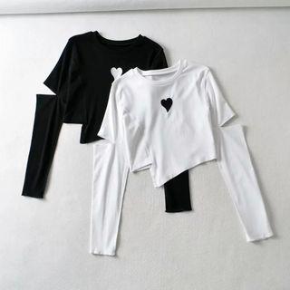 Long-sleeve Cutout Heart Embroidered Cropped T-shirt