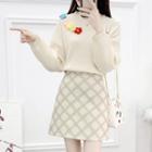 Set: Long-sleeve Flower Embroidered Knit Sweater + High-waist Plaid Mini Skirt