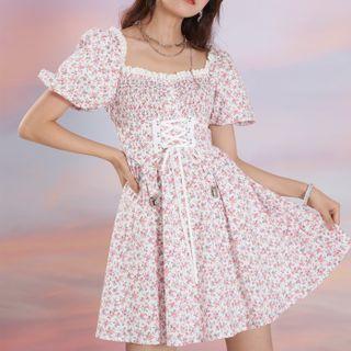 Puff Short-sleeve Square-neck Floral Hook-and-eye Lace-up Dress