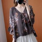 Wide-sleeve Floral Print Top Brown - One Size