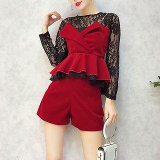 Set: Long-sleeve Mock Two-piece Peplum Top + Shorts