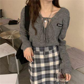 Applique Tie Neck Plain Knit Top / High-waist Plaid Skirt