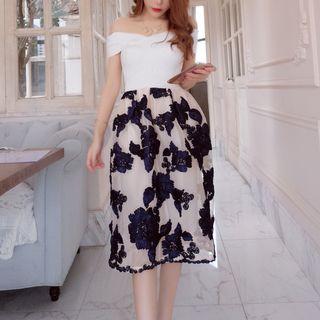Flower Embroidered Off Shoulder Short Sleeve A-line Dress