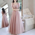 Puff-sleeve Bow Accent Sheath Evening Gown
