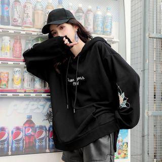Floral Lettering Print Drawstring Hoodie