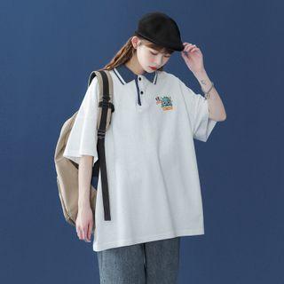 Elbow-sleeve Monster Print Collared T-shirt